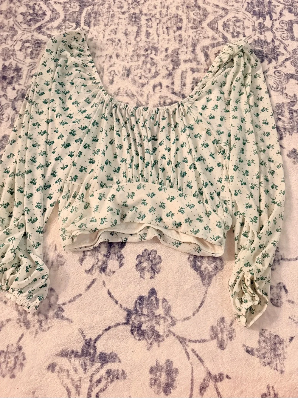 Free People Mint Green Floral Puff Sleeve Crop Top